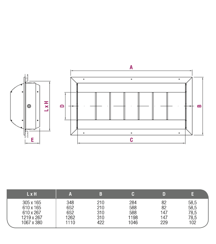 Rechthoekig instelbaar kanaalrooster 610x267mm voor lange worp situaties - 