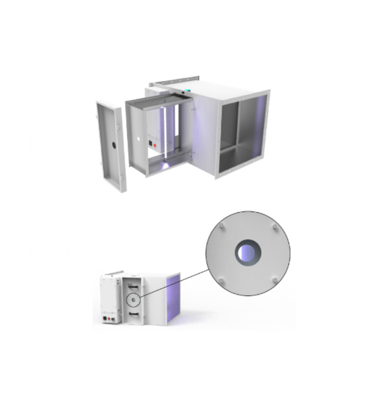 Het centrale UV desinfectie systeem in de kanaal afmeting 900x300mm elimineert met UV-licht de meeste pathogene micro-organismen uit de toevoerlucht - Inspectieluik