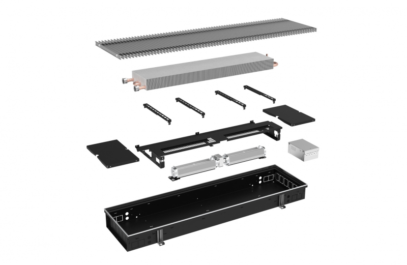 Hoogwaardige 1-rij, 1500mm lange vloerconvector van 110mm hoog met geforceerde convectie voor verwarming - Interieur 
