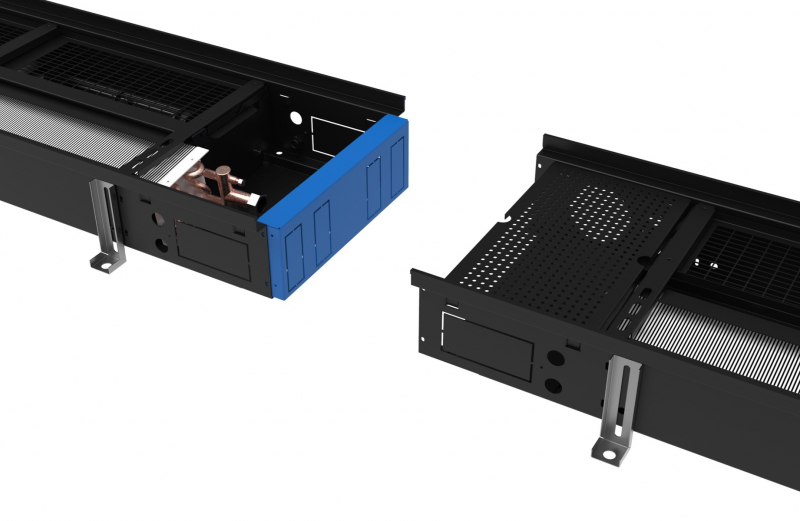 Hoogwaardige 1-rij, 1500mm lange vloerconvector van 110mm hoog met geforceerde convectie voor verwarming - Koppelbaar