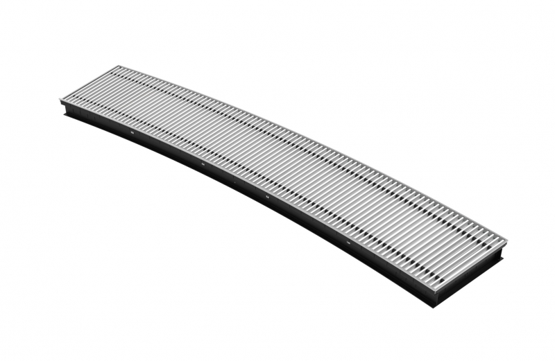 Hoogwaardige 1-rij, 1500mm lange vloerconvector van 110mm hoog met geforceerde convectie voor verwarming - Gebogen in een radius 