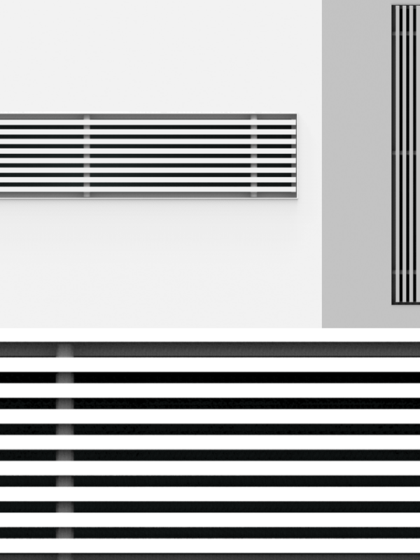 In stucbaar frameloos wandrooster 800x150mm met een vaste lamel aan de voorkant en instelbare aan de achterkant - 3D rendering in de muur