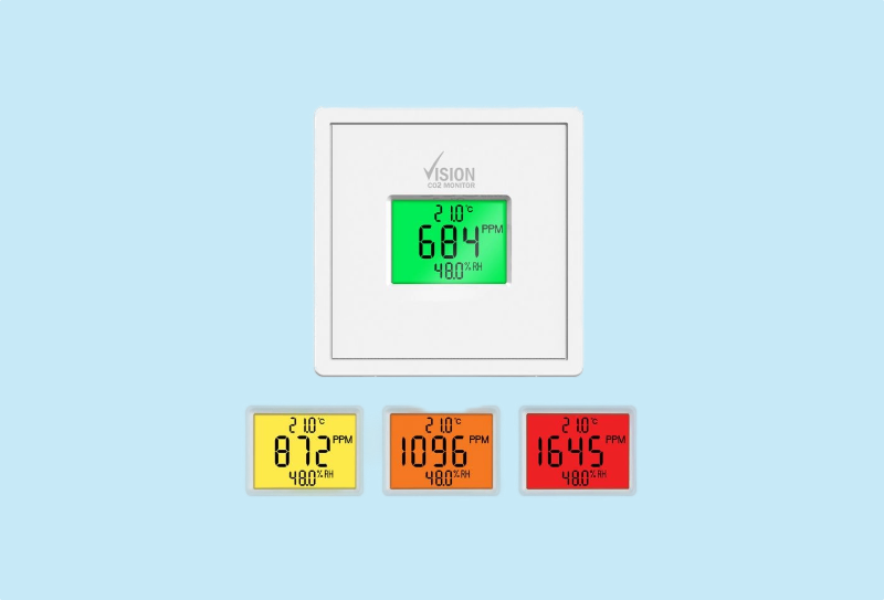 Vision CO2 monitor met data logging, temperatuur en RV weergave op het display