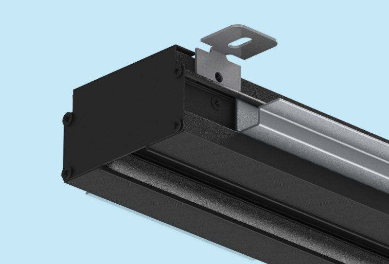 In stucbaar frameloos lijnrooster met een spleetbreedte van 15mm en 1000mm lang voor vaste plafonds met geïsoleerde plenumbox Ø 125mm