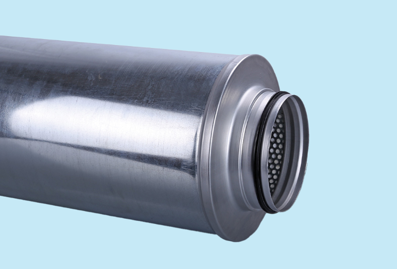 Ronde starre geluiddemper Ø100mm met een lengte van 1000mm, 50mm isolatie en dubbele lip afdichting